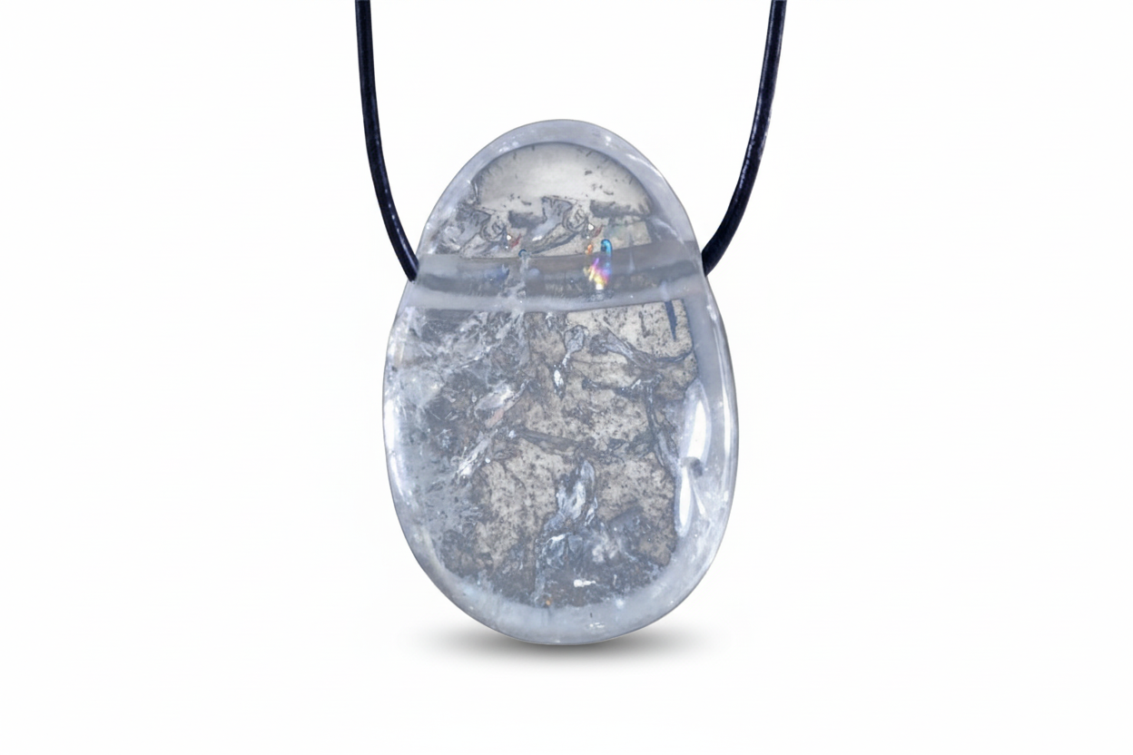 Halskette Bergkristall Tropfenform 3x2cm auf Baumwollband