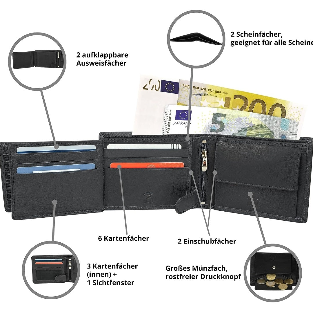 Geldbörse Querformat, Echt Leder schwarz, RFID-Schutz