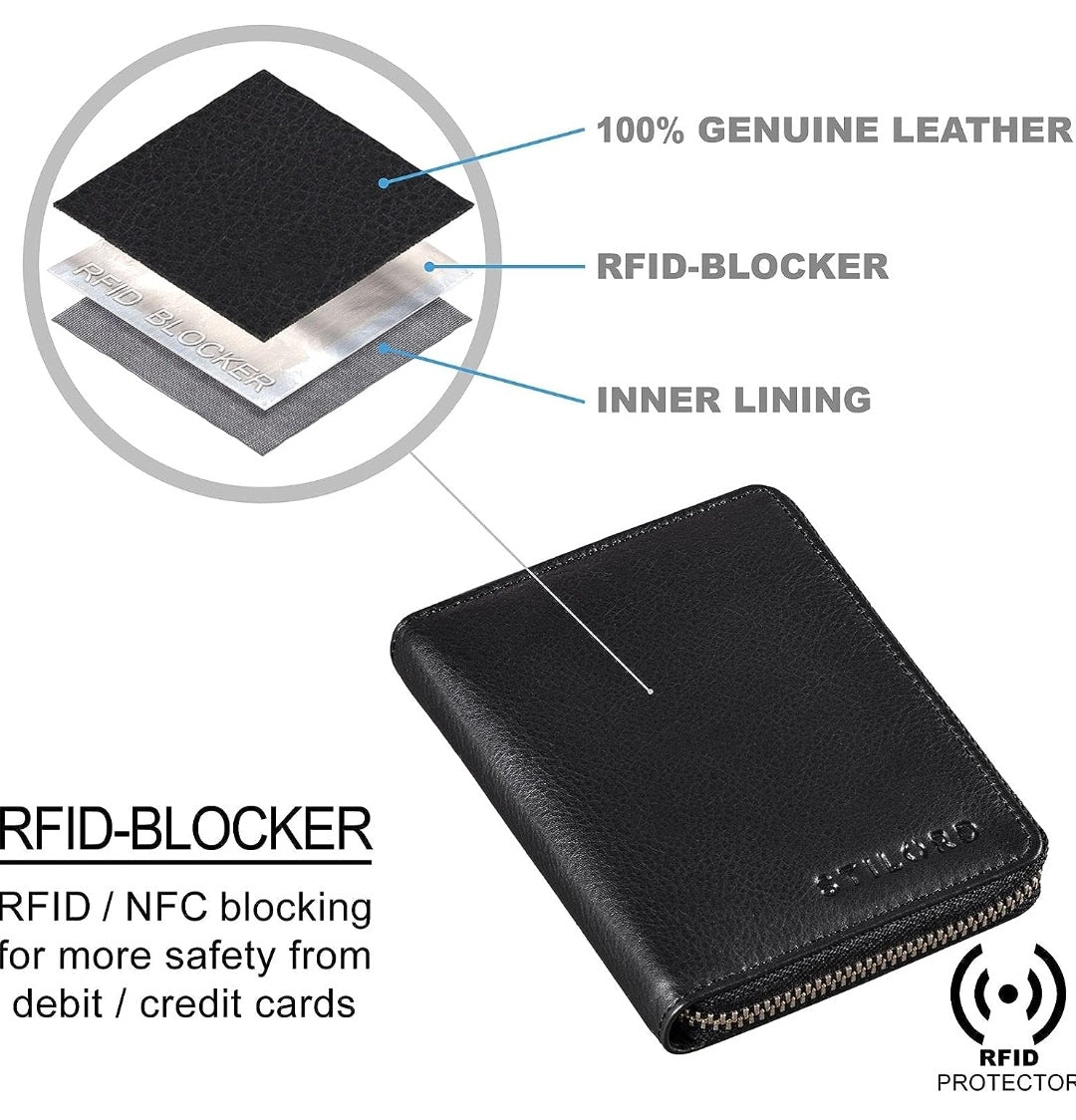 Geldbörse Hochformat, Echt Leder schwarz, RFID-Schutz