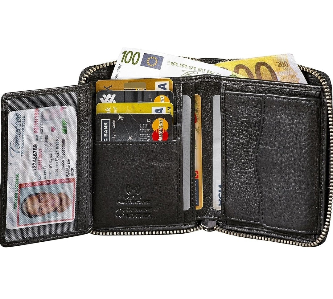 Geldbörse Hochformat, Echt Leder schwarz, RFID-Schutz