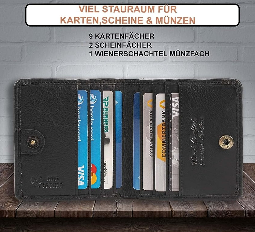 Geldbörse klein, Echt Leder schwarz, RFID-Schutz