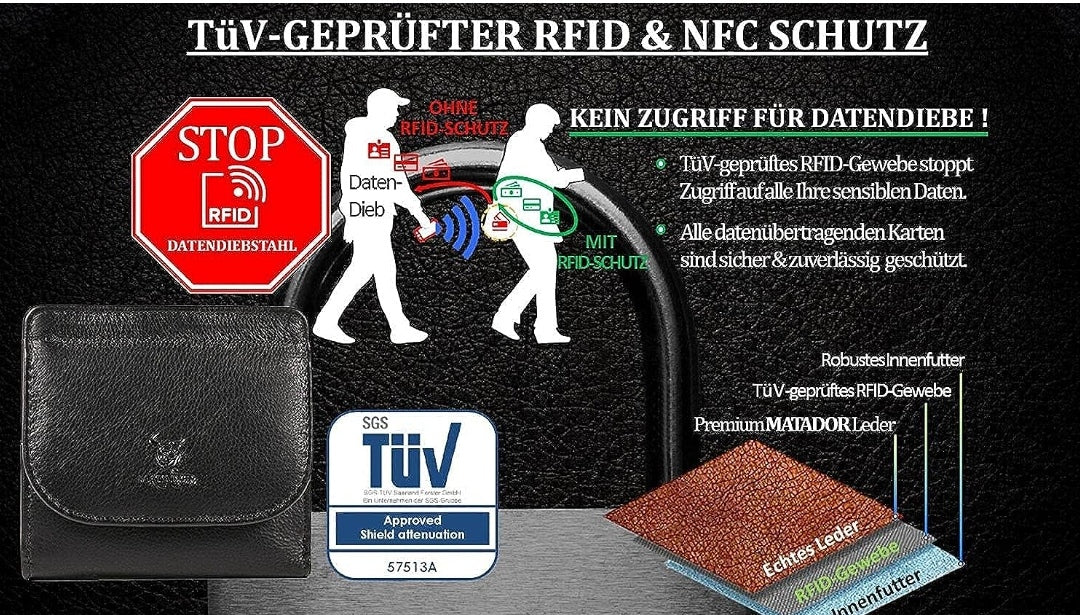 Geldbörse klein, Echt Leder schwarz, RFID-Schutz