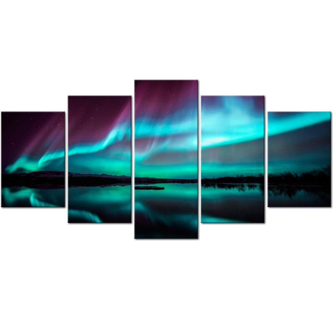 Bild Polarlicht Vliesleinwand Kunstdruck 5teilig 200x100cm