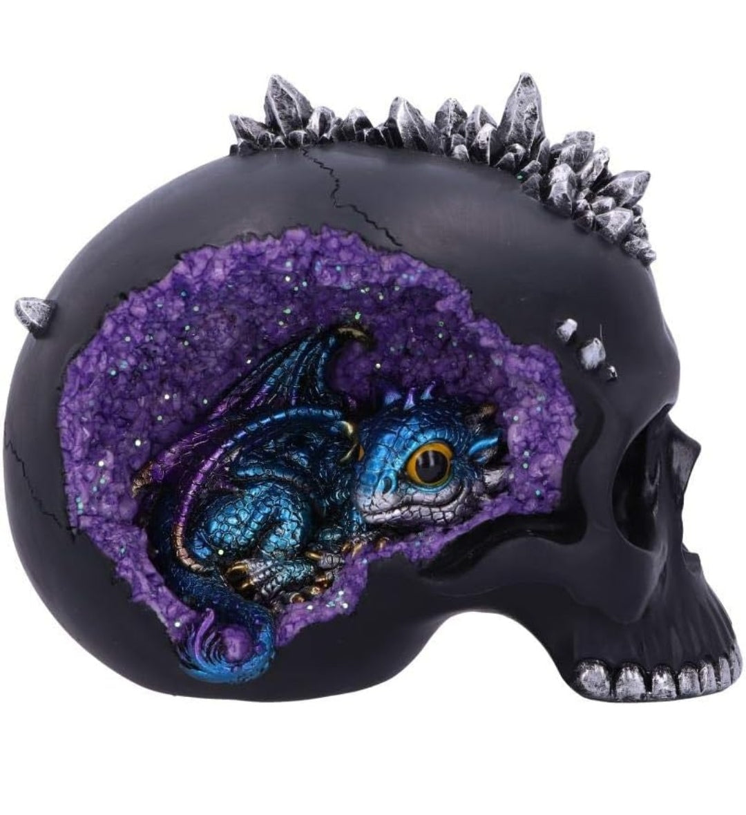 Deko Totenkopf mit Drache in Kristallhöhle, Resin