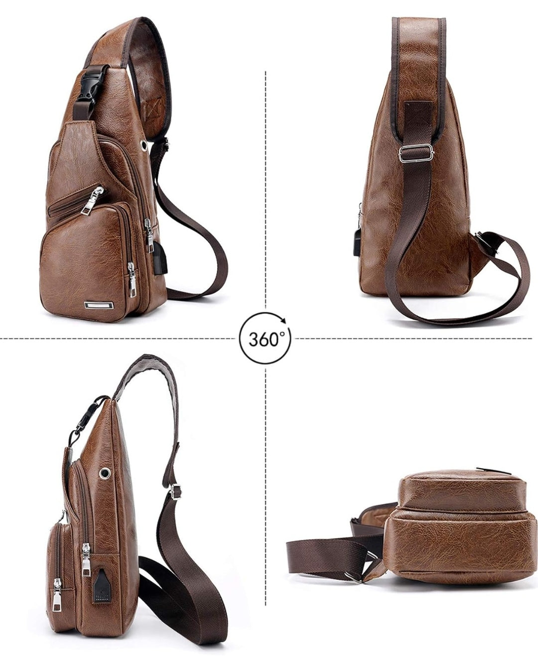 Tasche Umhängetasche mit USB-Ladeanschluss, Kopfhörerbuchse, PU-Leder