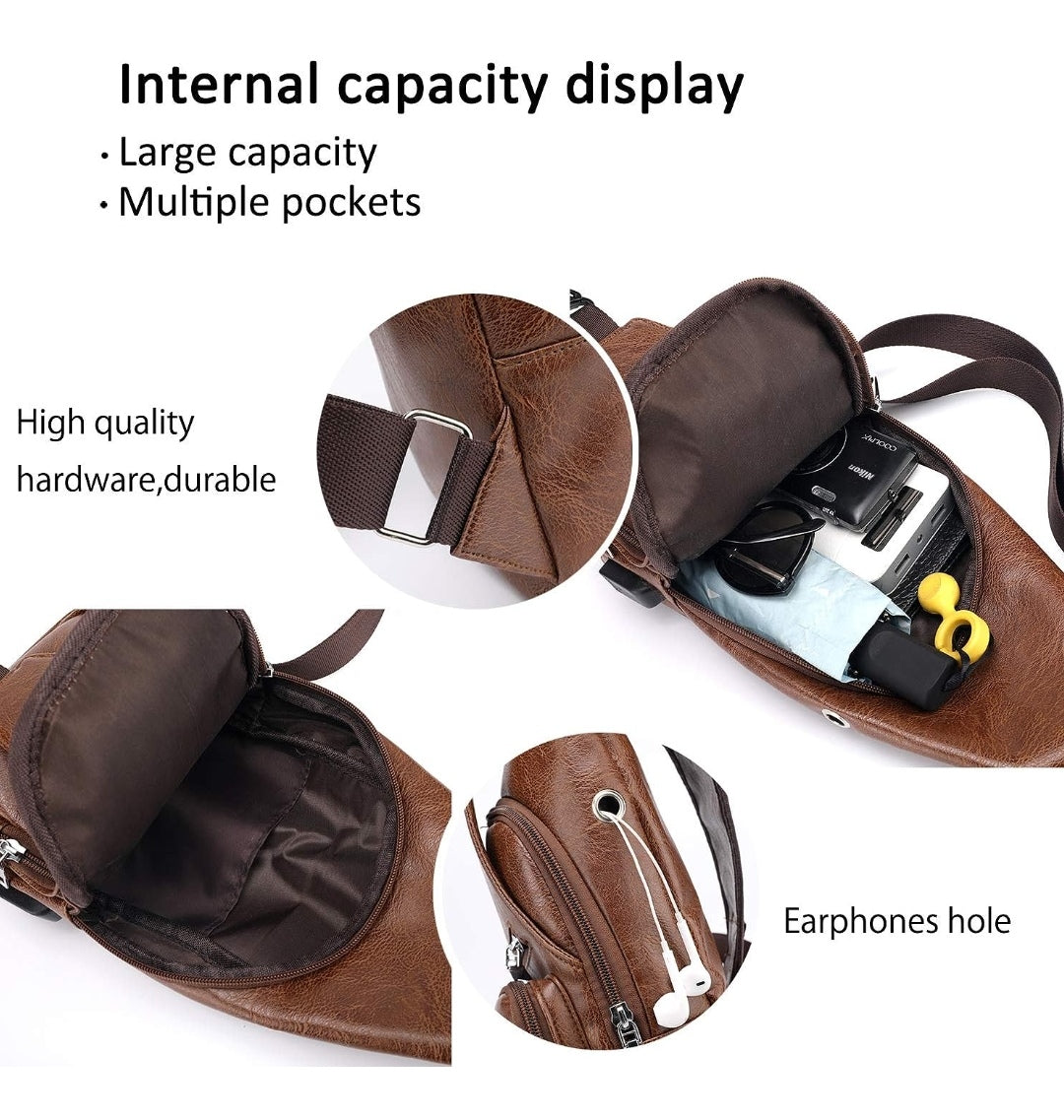 Tasche Umhängetasche mit USB-Ladeanschluss, Kopfhörerbuchse, PU-Leder