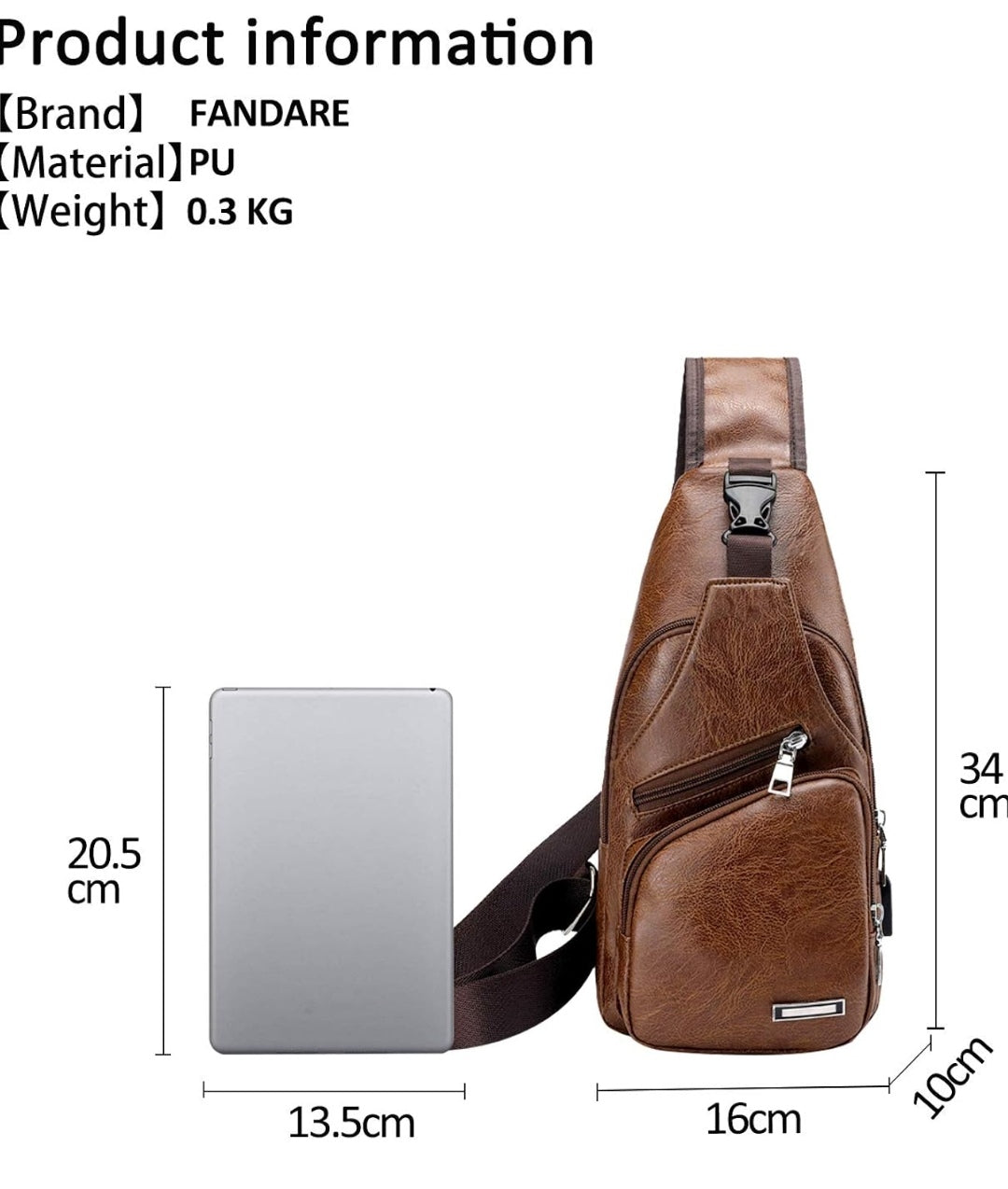 Tasche Umhängetasche mit USB-Ladeanschluss, Kopfhörerbuchse, PU-Leder