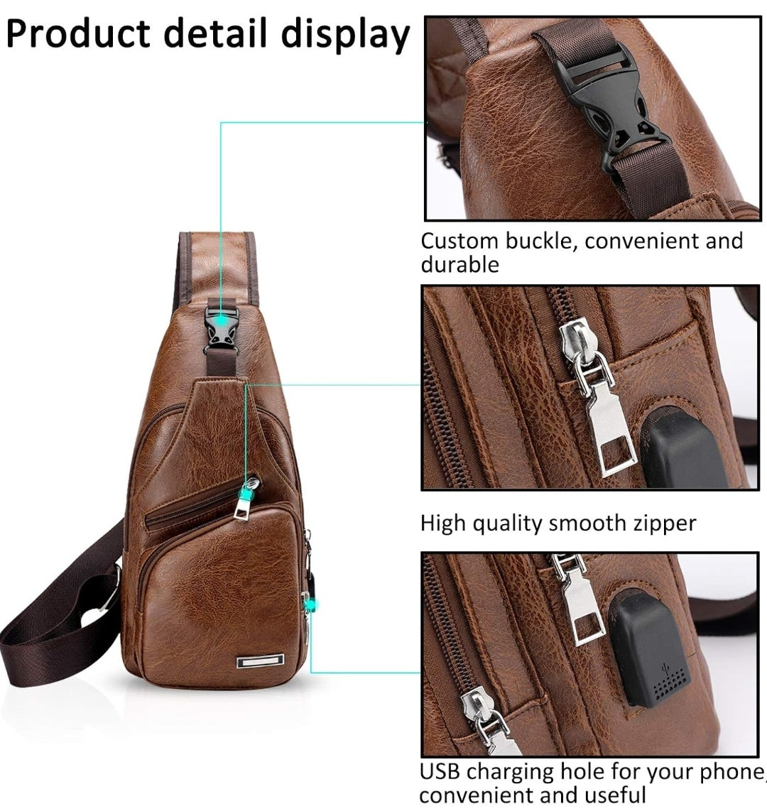 Tasche Umhängetasche mit USB-Ladeanschluss, Kopfhörerbuchse, PU-Leder