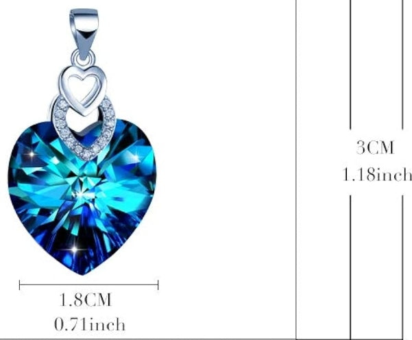 Halskette Herzkristall blau mit Zirkonia, Echt Silber, Kette 45cm, Anhänger 3x1,8cm