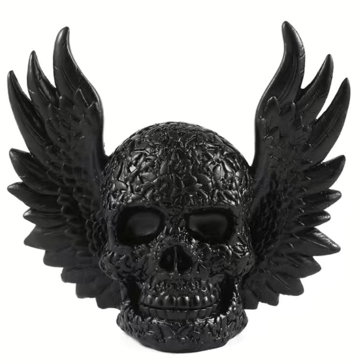 Deko Totenkopf mit Flügel, Kunstharz schwarz