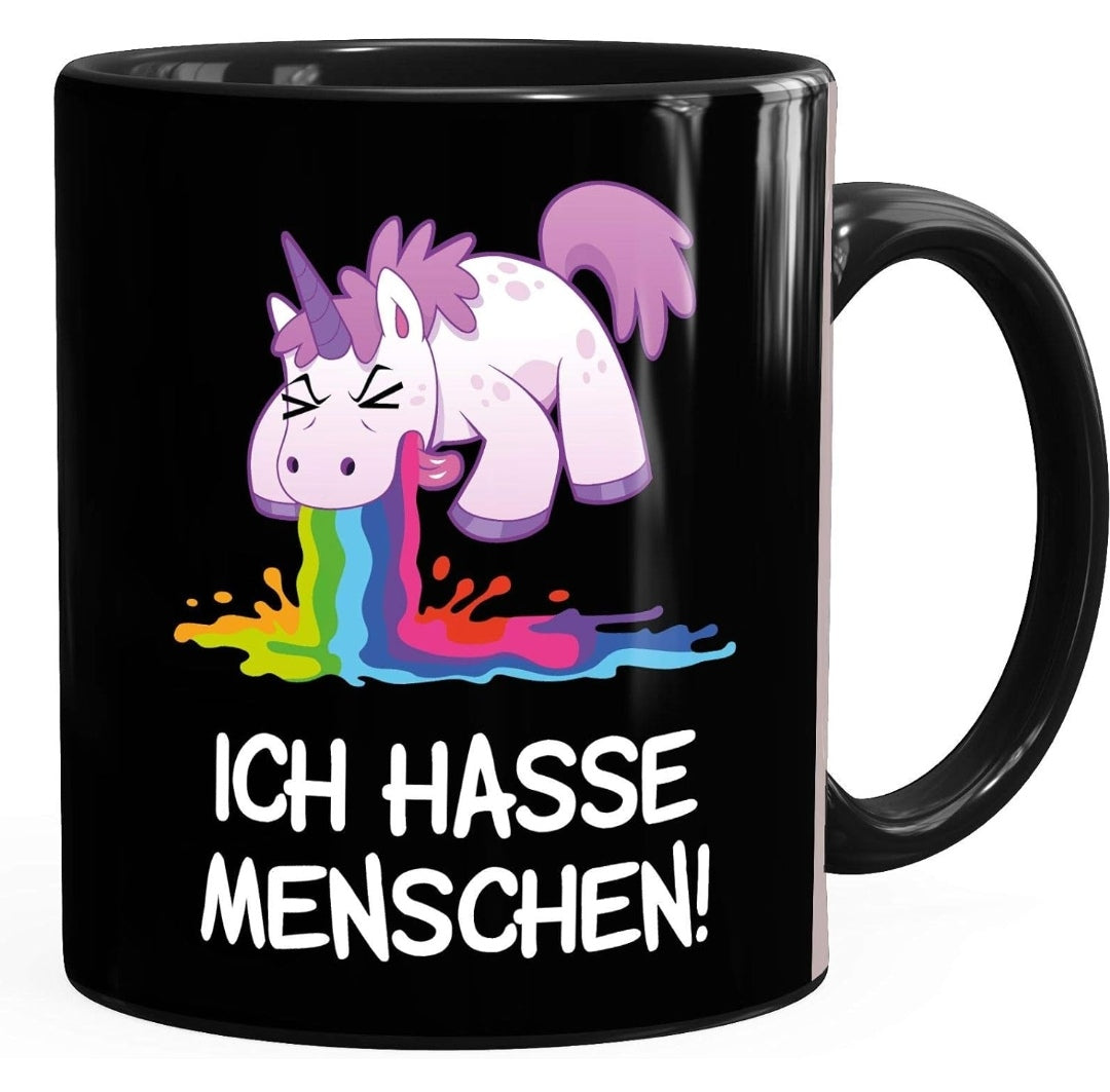Tasse Einhorn "Ich hasse Menschen" Keramik schwarz, spülmaschinengeeignet, mikrowellengeeignet