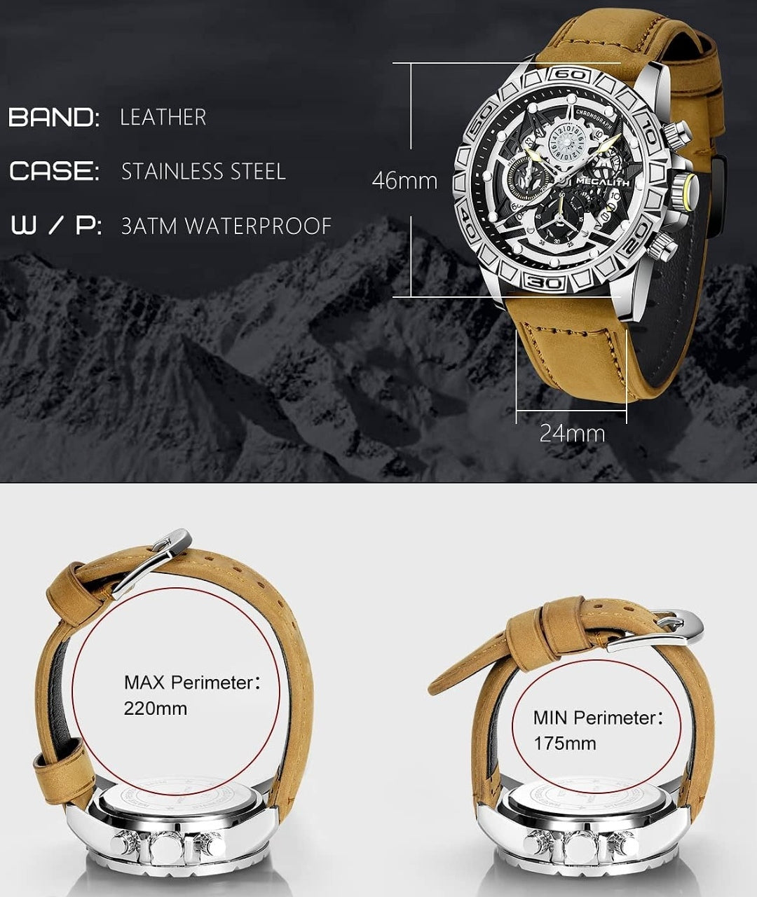 Uhr Chronograph, sportlich, Leder braun, wasserdicht, analog, Megalith