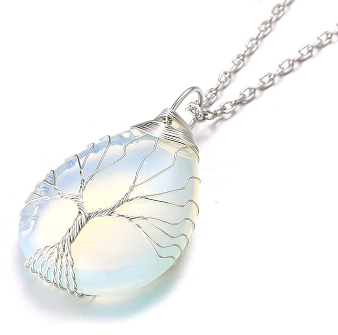 Halskette Mondstein synth., Lebensbaum, Weißgold, Kette 48cm +5cm Verlängerung, Anhänger 3x4cm