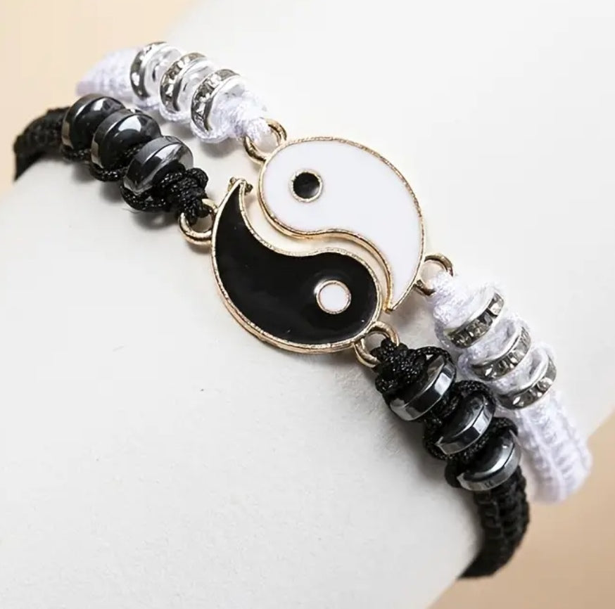 Armband-Set Yin Yang Kordel silber schwarz/weiß