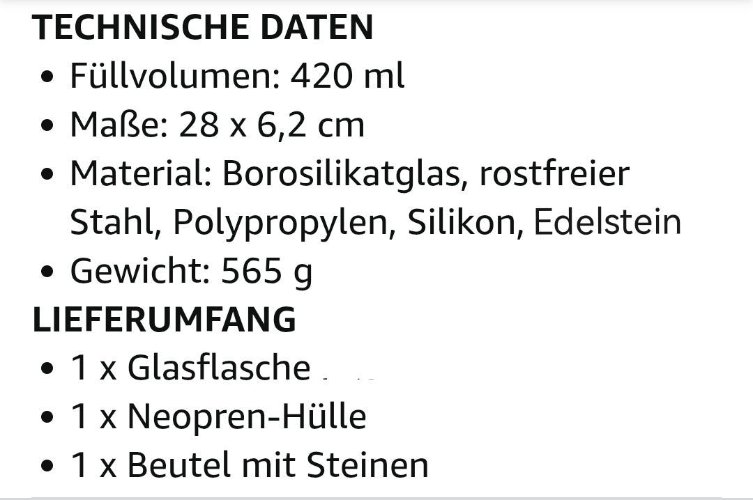 Wasserflasche mit Mineralsteinen und Neoprenhülle in Geschenkkarton, 420ml, 28x6,2cm