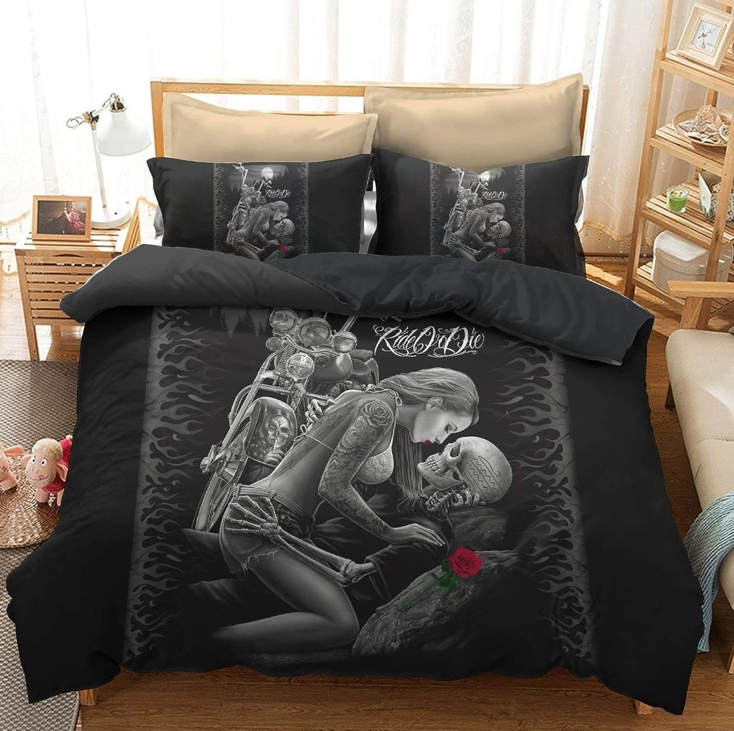 Bettwäsche Totenkopf Decke 135x200cm +2 Polster 50x75cm, Mikrofaser