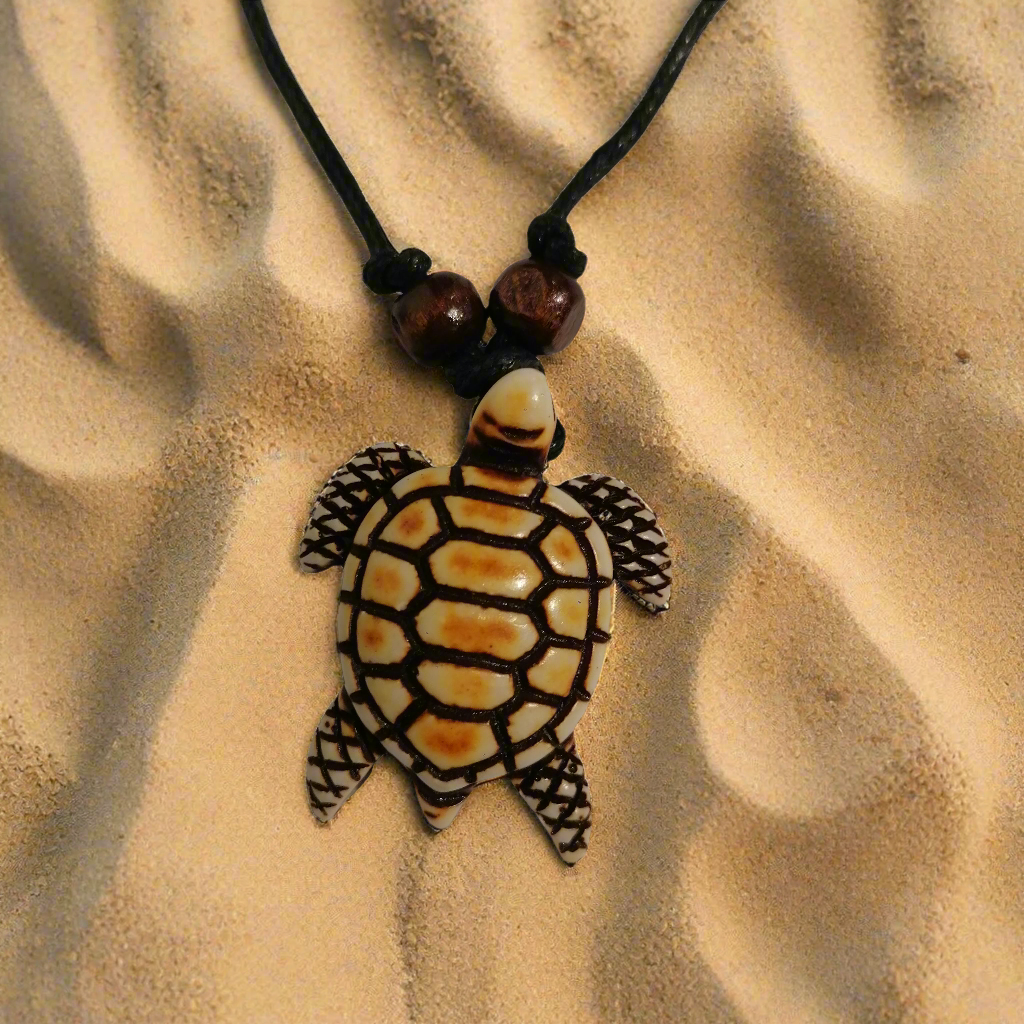 Halskette Schildkröte, Resin, Holz, Baumwollband mit Schiebeknoten