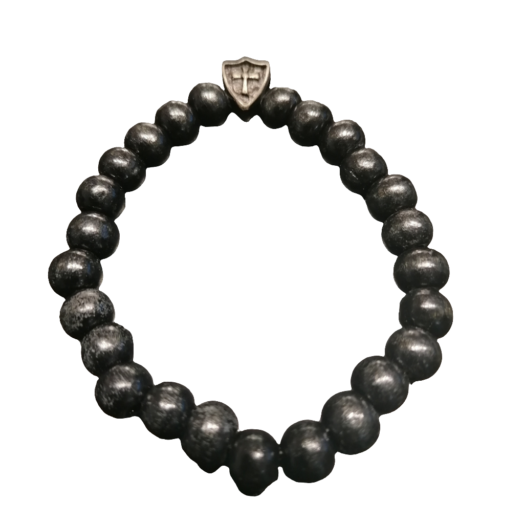 Armband Holzperlen schwarz mit Metallkreuz