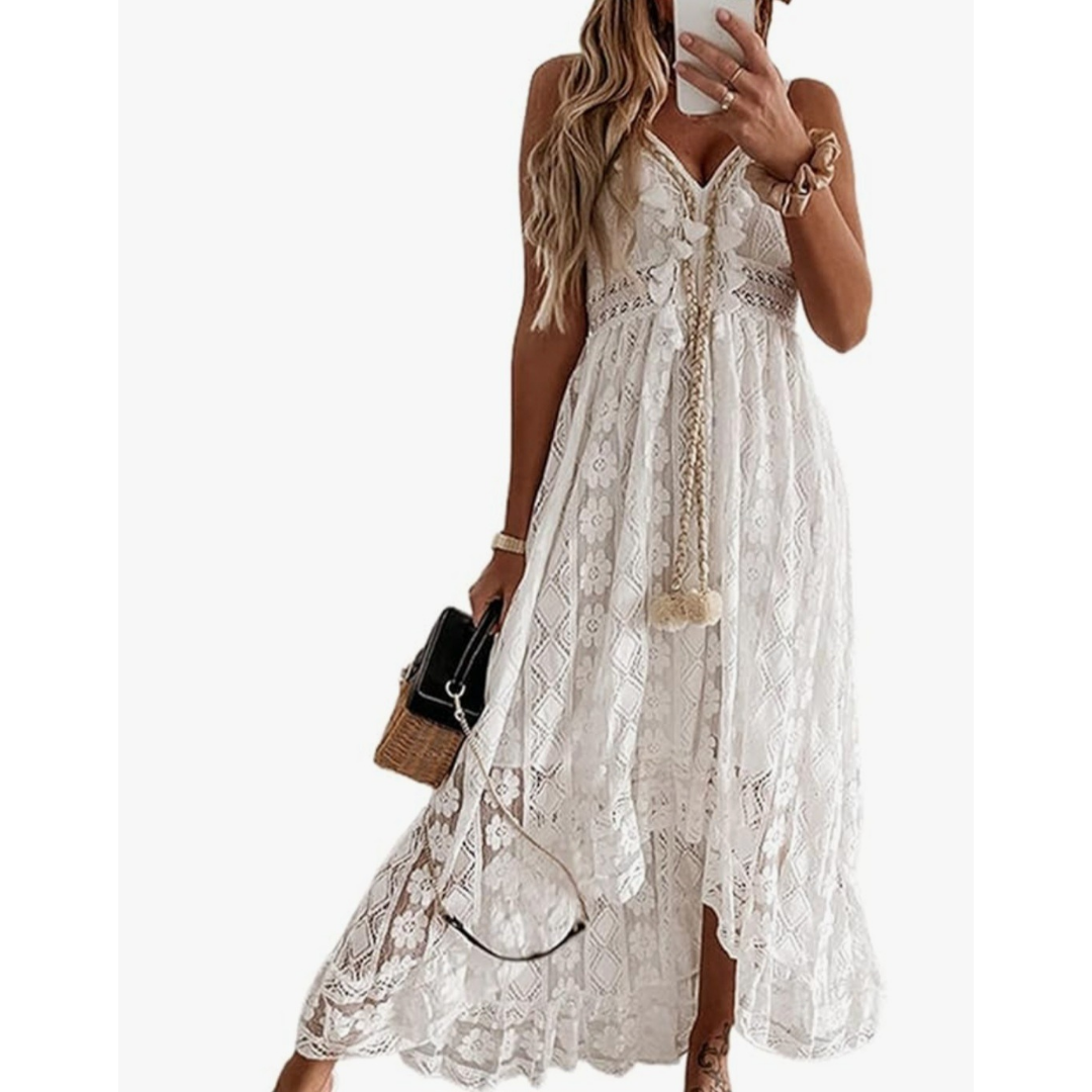 Kleid Boho Stil, Strandkleid, Hochzeit, weiß/beige, Spitze, Polyestergewebe mit Elasthan, Träger verstellbar
