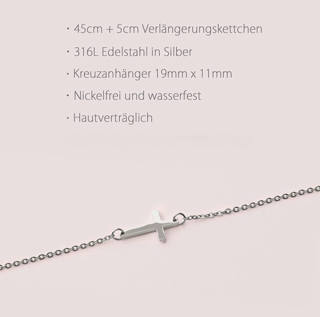 Halskette Kreuz, Edelstahl, Kette 45cm+5cm Verlängerung, Anhänger 19x11mm