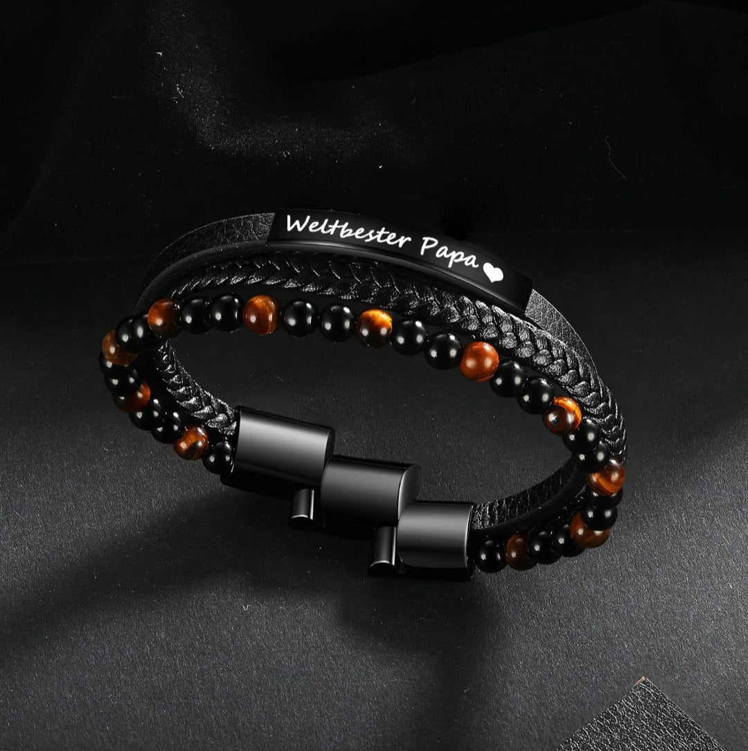 Armband mit Gravur Weltbester Papa, Edelstahl, Echt Leder, Tigerauge, Lava, Magnetschließe
