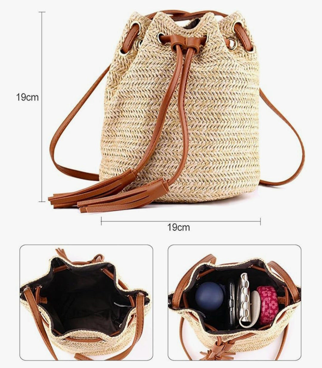 Tasche, Beutel, Hanf, braun, 19x19cm, Kordel, Crossbody-Riemen