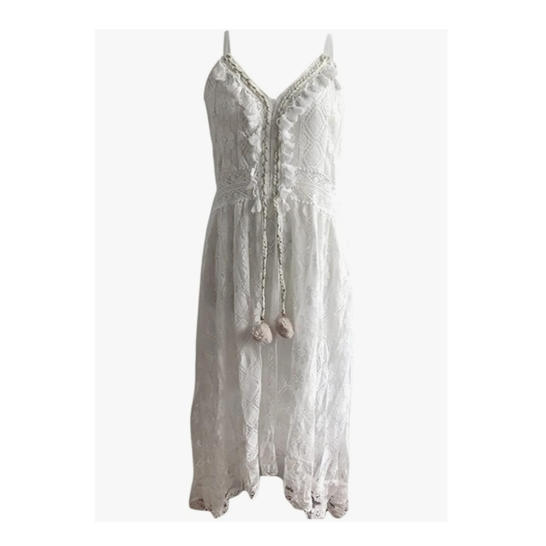 Kleid Boho Stil, Strandkleid, Hochzeit, weiß/beige, Spitze, Polyestergewebe mit Elasthan, Träger verstellbar