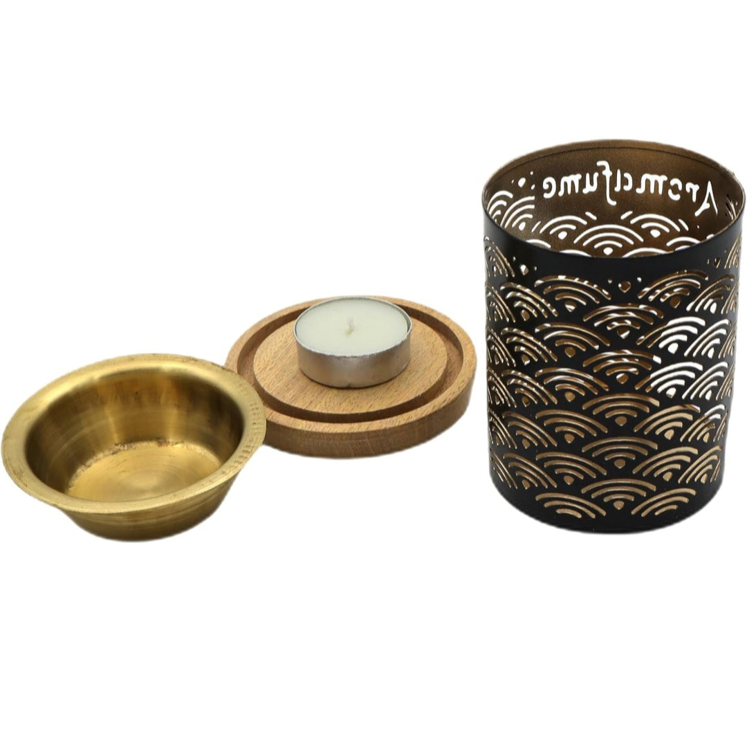Duftlampe, Metall, Holz, für ätherische Öle