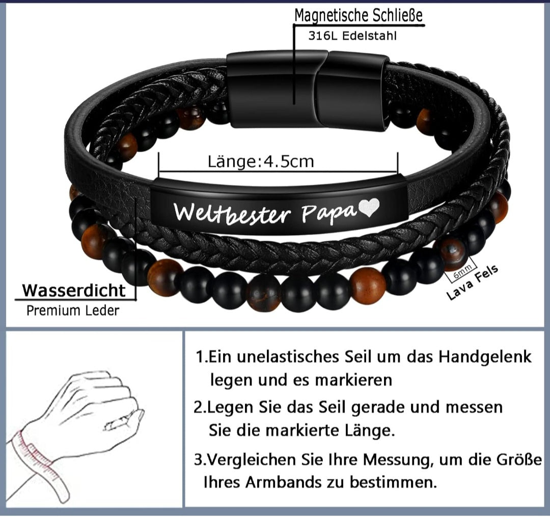 Armband mit Gravur Weltbester Papa, Edelstahl, Echt Leder, Tigerauge, Lava, Magnetschließe