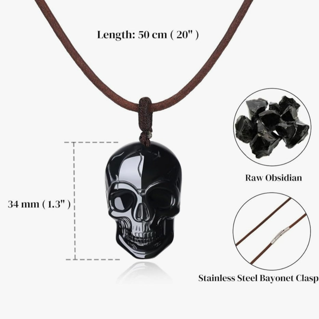 Halskette Totenkopf, Obsidian, Leder, Edelstahlverschluß