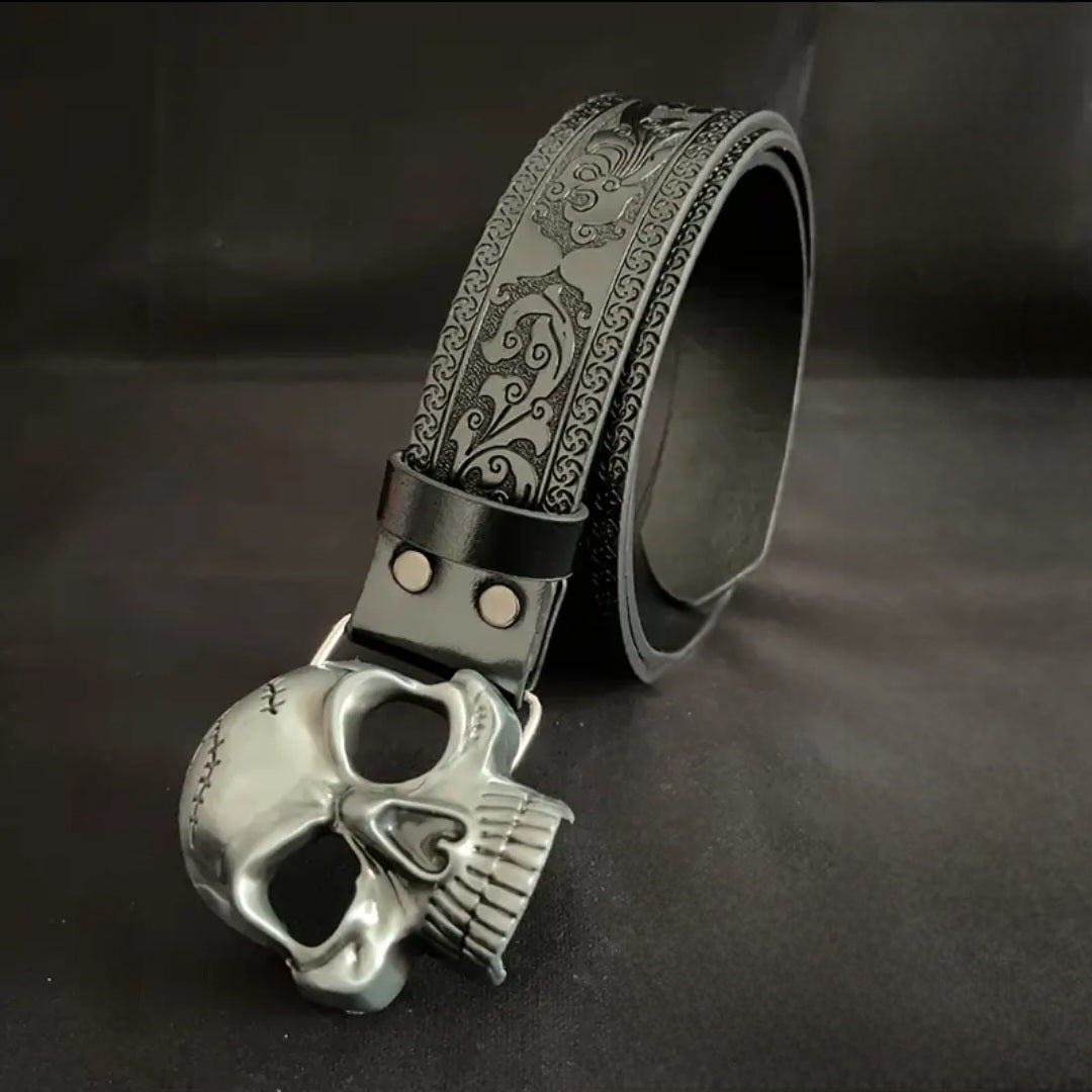 Gürtel Totenkopf, Kunstleder, Edelstahl, Breite 3,7cm, 2 Längen