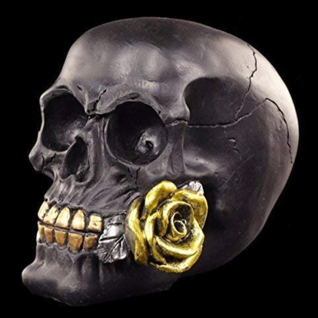 Deko Totenkopf mit Rose schwarz/gold, 15cm – bijou-be-you