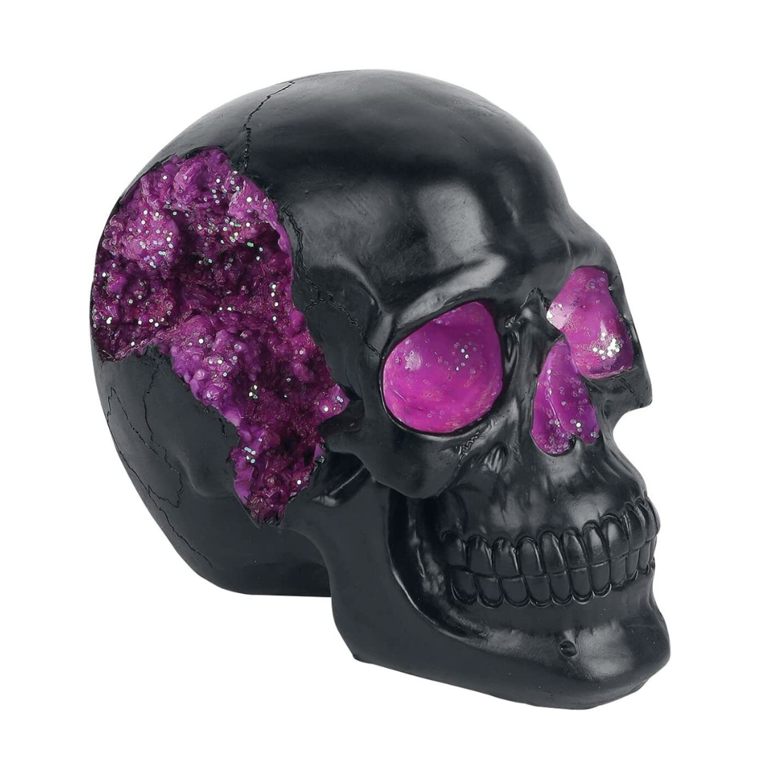 Deko Totenkopf schwarz/lila, Kunstharz, 23x17x18cm