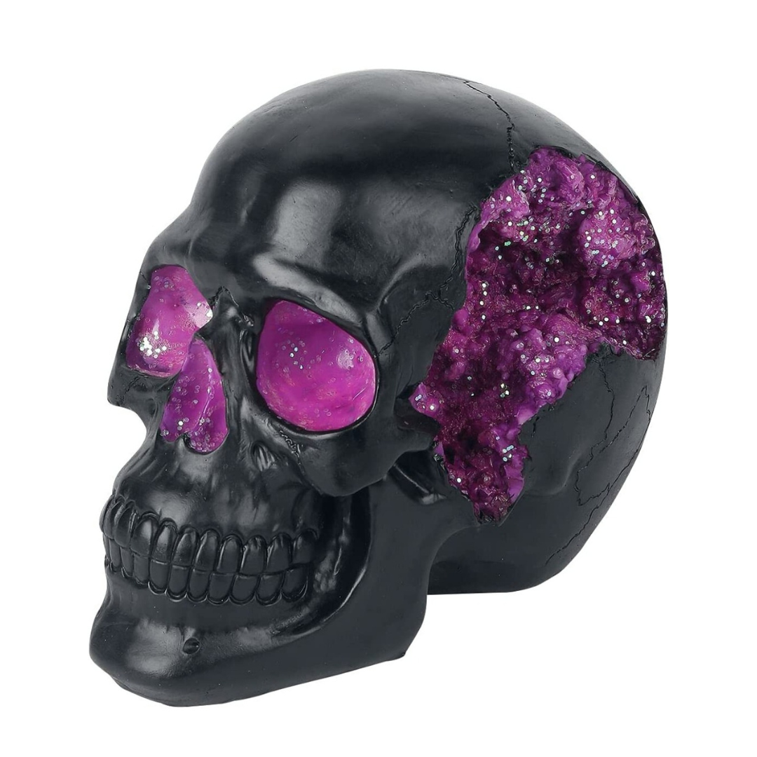 Deko Totenkopf Geode schwarz/lila, Kunstharz, 23x17x18cm