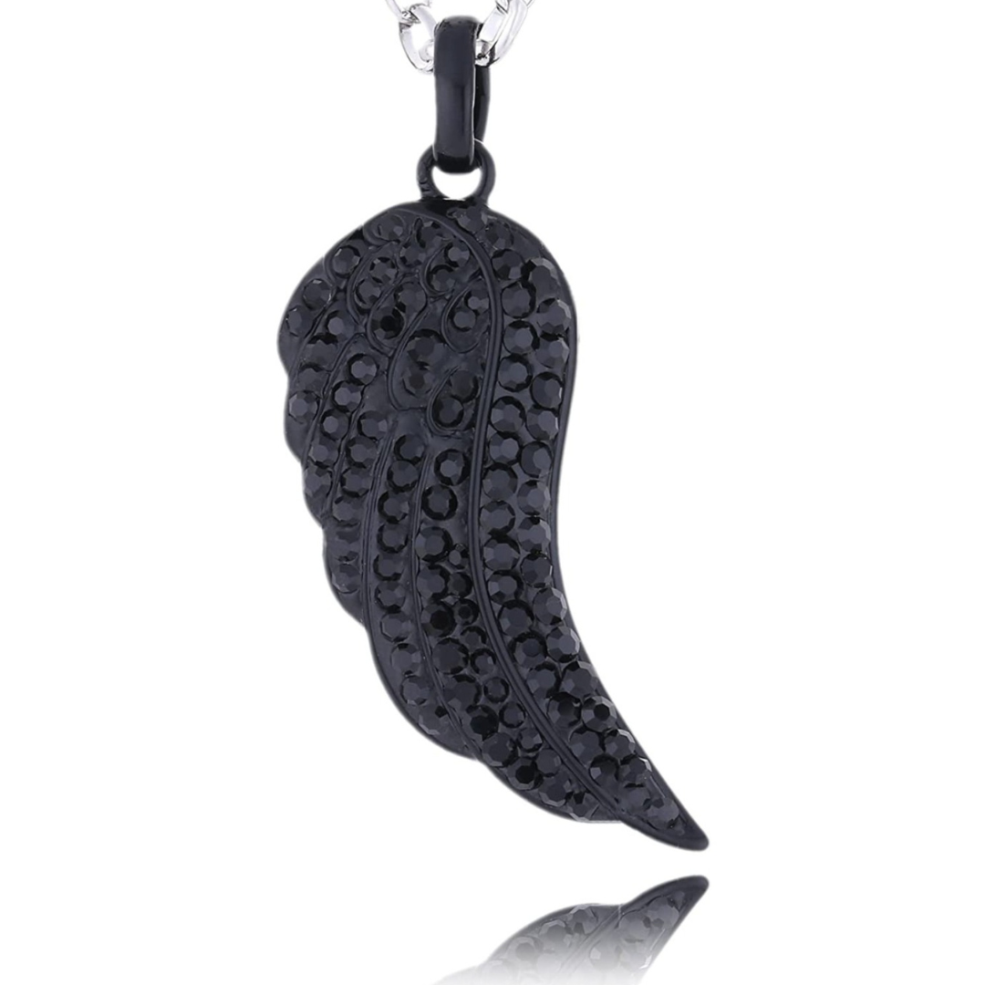 Halskette Flügel Edelstahl, Zirkonia, Kette 70+5cm Verlängerung, Anhänger 4x1,5cm