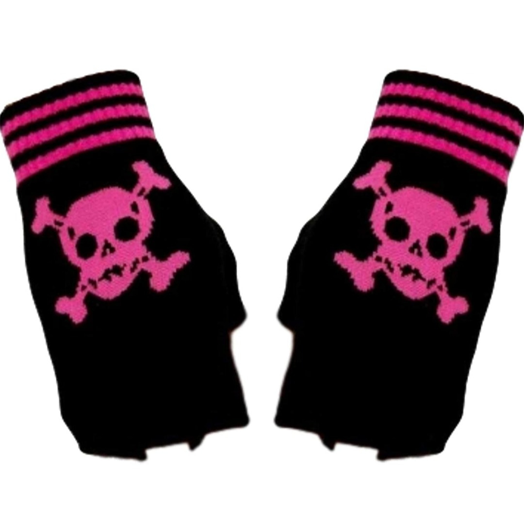 Handschuhe Fingerlos Totenkopf schwarz/pink