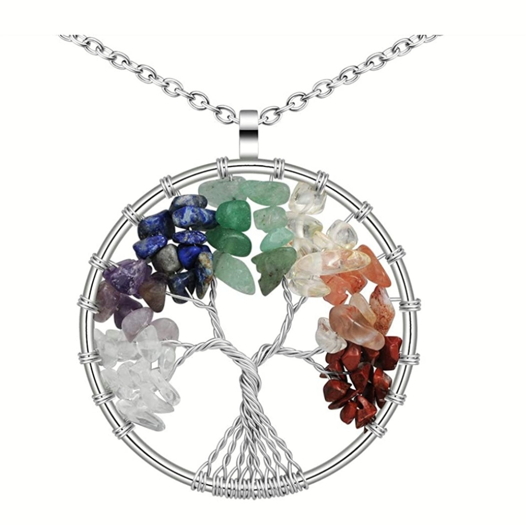 Halskette Chakra, Anhänger Lebensbaum, Edelstahl, Edelsteine, Kette 50cm+5cm Verlängerung, Anhänger 5cm