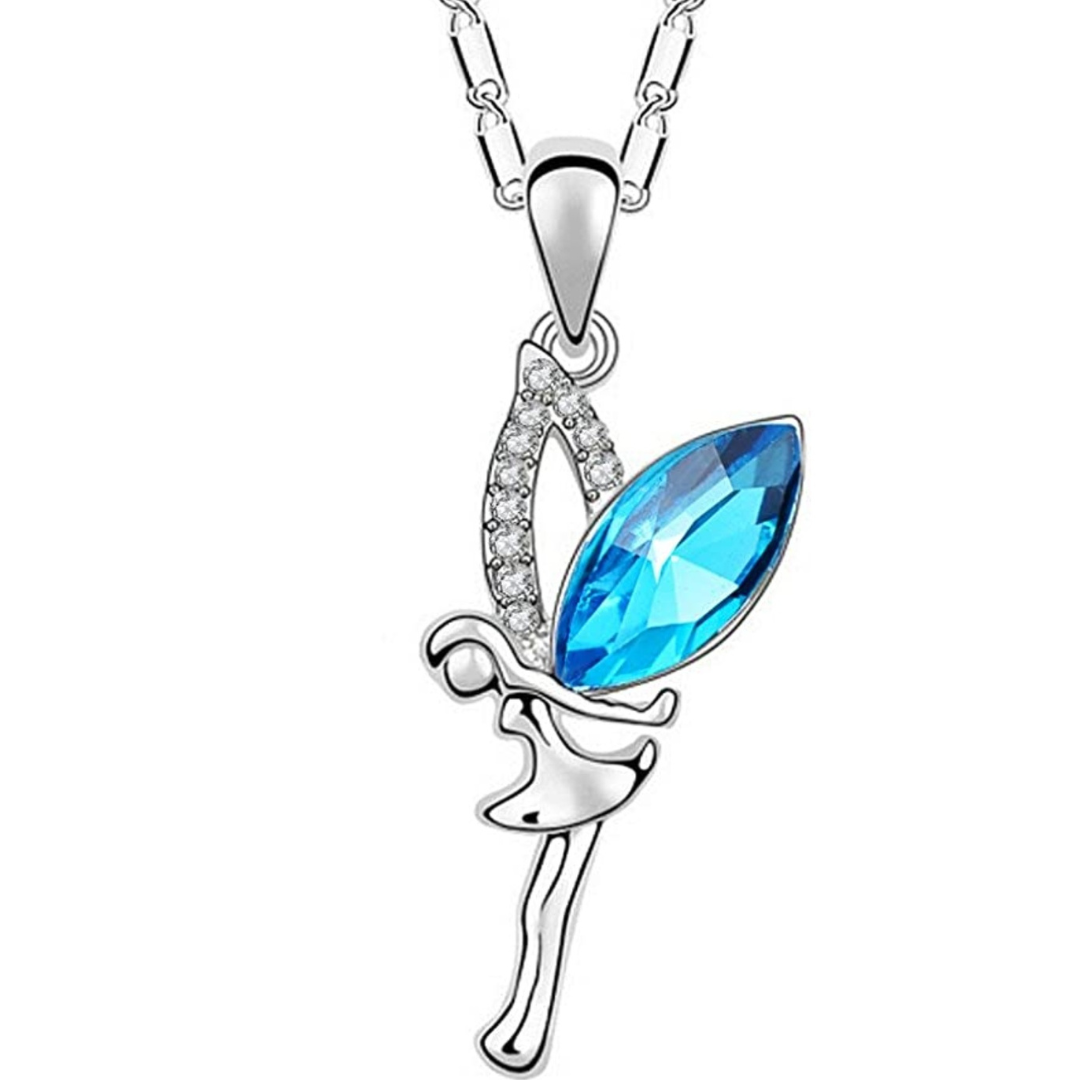 Halskette Elfe blauer Kristall weißgold/rhodiniert, Kette 42cm+6cm Verlängerung, Anhänger 3,5x1,5cm