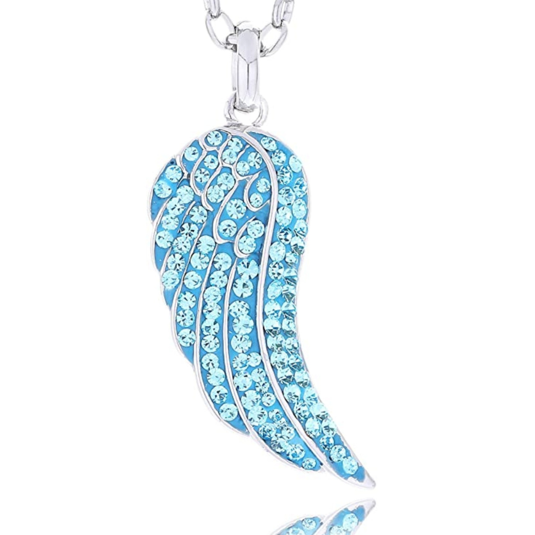 Halskette Flügel Edelstahl, Zirkonia, Kette 70+5cm Verlängerung, Anhänger 4x1,5cm