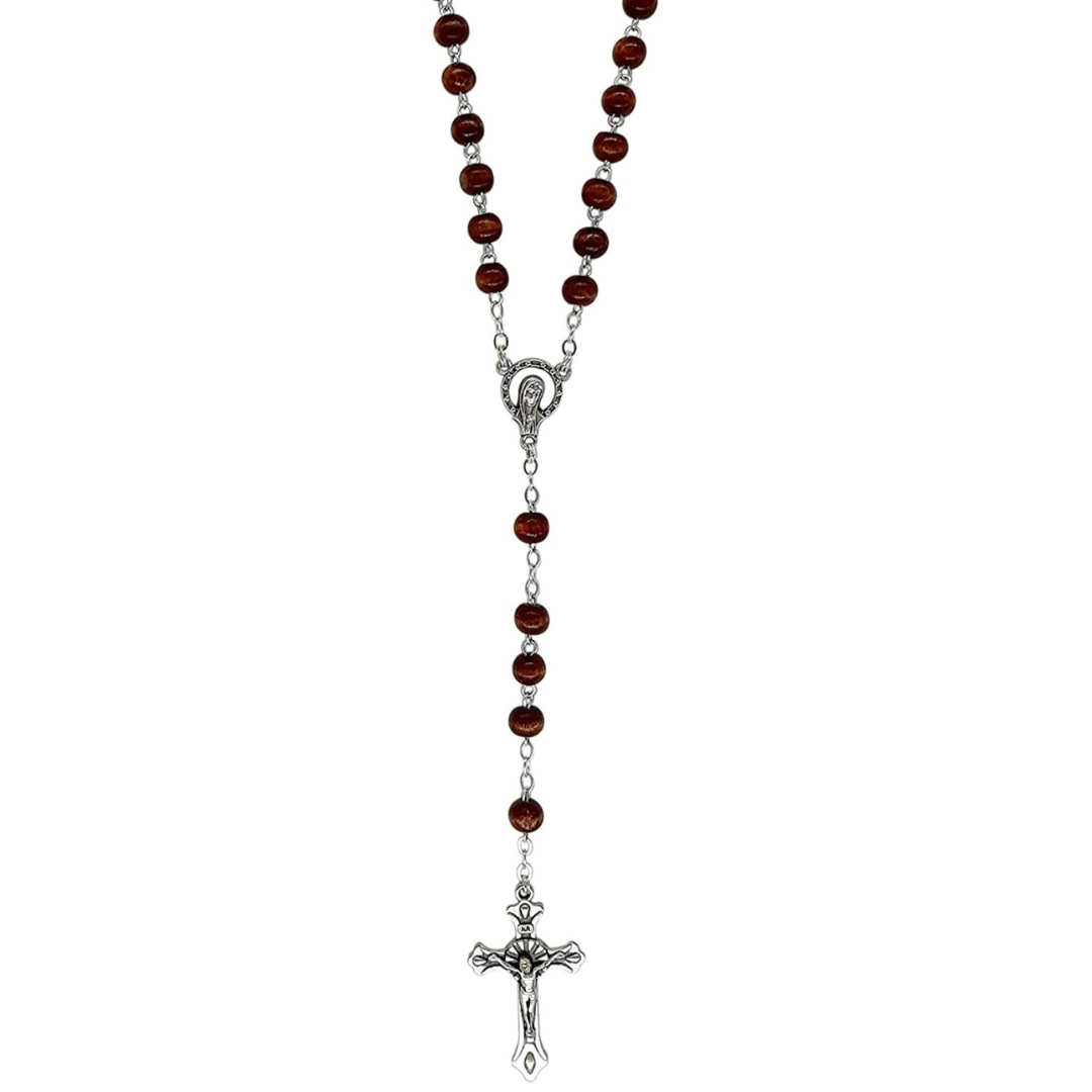 Halskette Rosenkranz Holzperlen Kreuz versilbert
