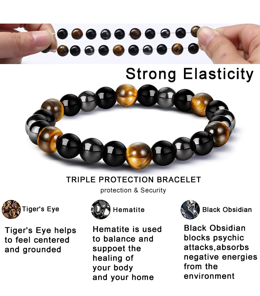 Armband Tigerauge/Obsidian/Hämatit, Kugeln 8mm