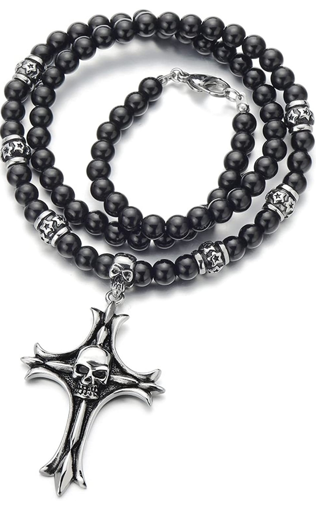 Halskette Kreuz Totenkopf Edelstahl Onyx