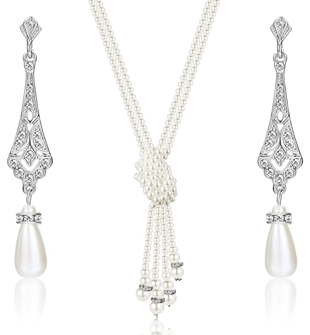 Schmuckset Halskette + Ohrringe Perle, Zirkonia