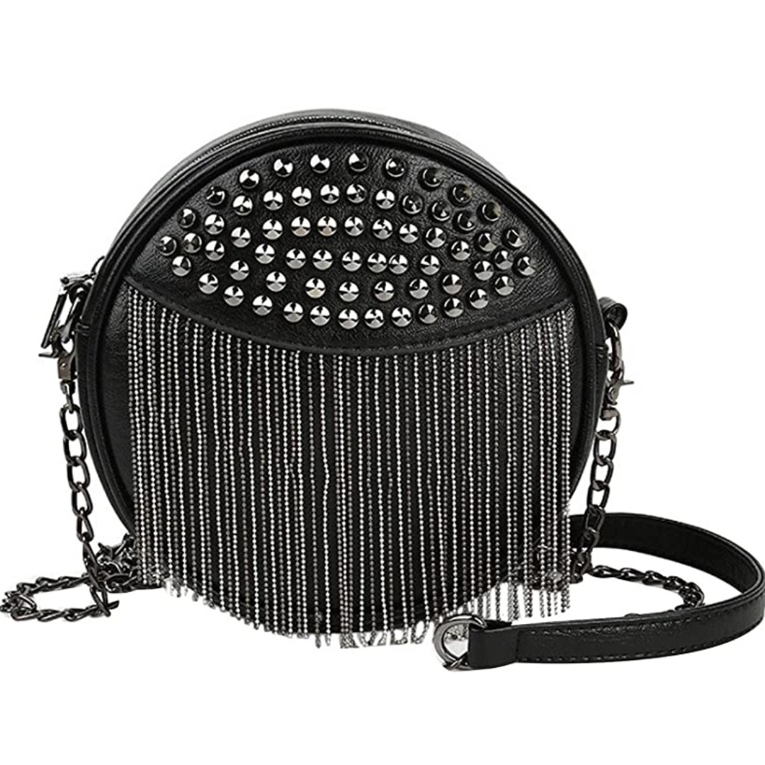 Tasche mit Nieten und Kettenfransen rund schwarz