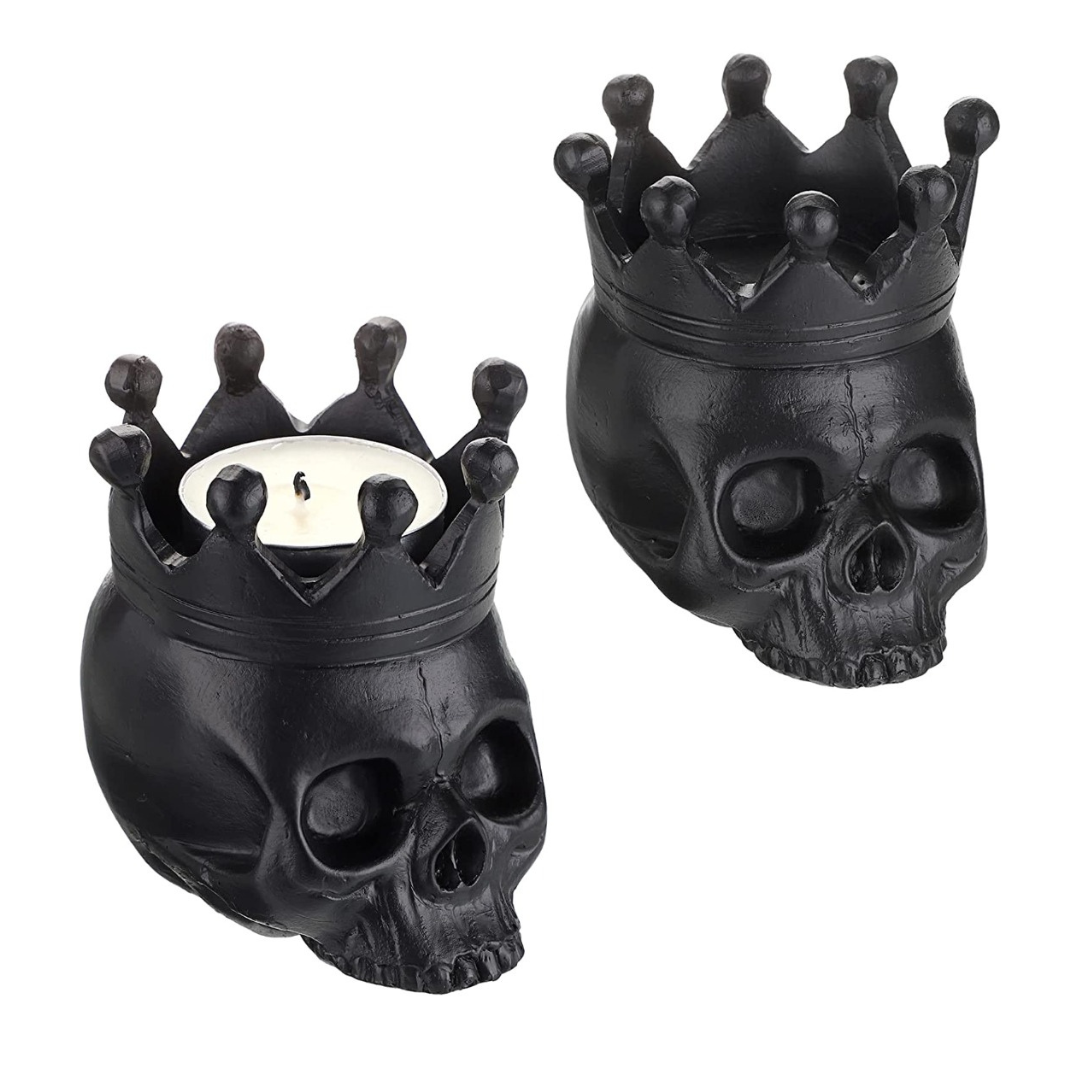 Teelichthalter-Set Totenkopf schwarz aus Kunstharz