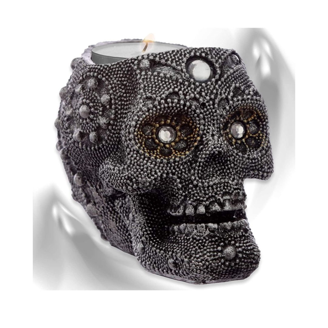 Teelichthalter Totenkopf mit Kristalle anthrazit