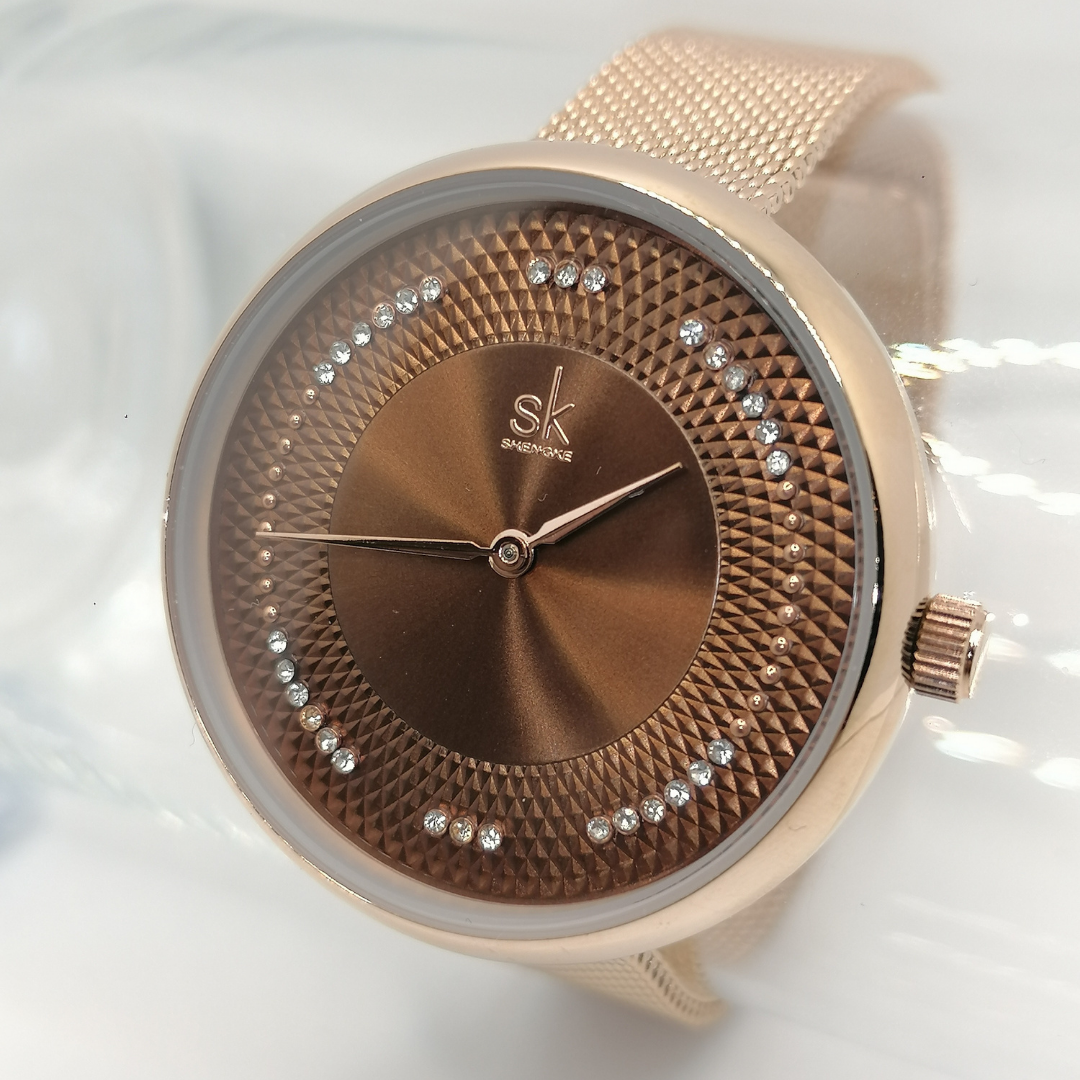 Uhr Edelstahl Rosegold/Braun mit Straßsteinen