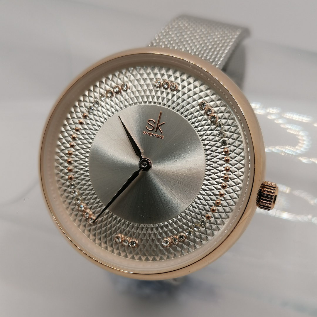 Uhr Edelstahl Silber/Rosegold mit Straßsteinen