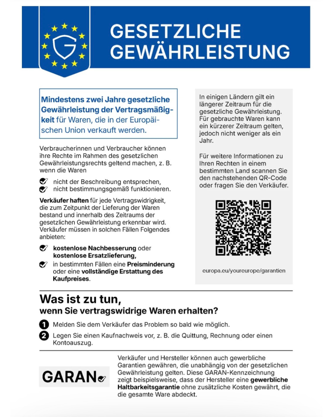 Hinweise zur gesetzlichen Gewährleistung in der Europäischen Union