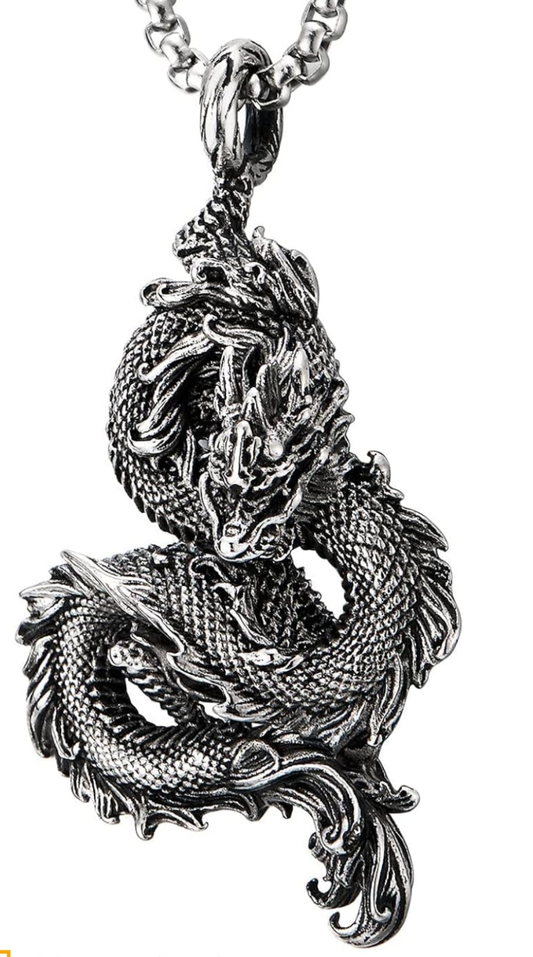 Halskette Drache, Edelstahl, silber, Kette 74cm, Anhänger 6x3,4cm